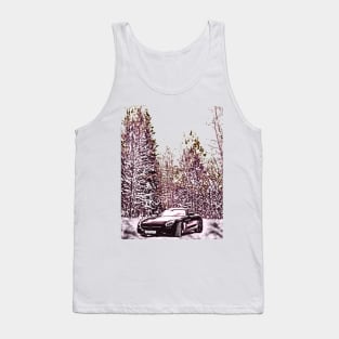 The car is covered in snow against a backdrop of cypress trees Tank Top